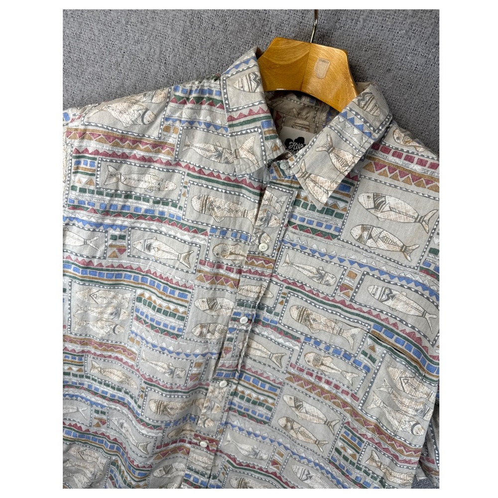 Hilo Hattie Made In Hawaii Men 2XL Camp Shirt Fish Tribal Print Short Sleeve XXL